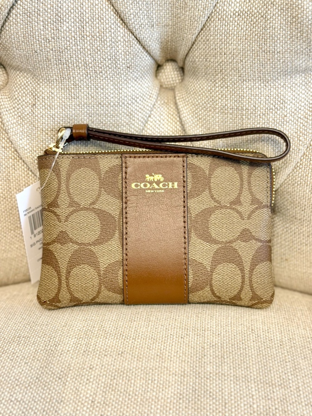 NEW COACH Small Wristlet Signature Corner Zip PVC F58035 Khaki / Saddle Brown